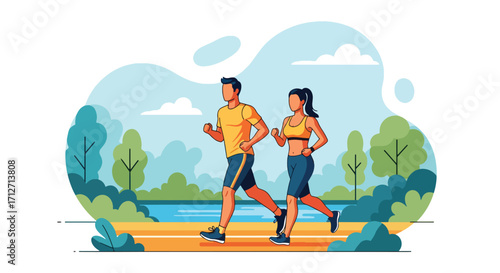 Flat style illustration of a couple jogging together in a park near a lake river, symbolizing fitness, healthy lifestyle, outdoor exercise, and active leisure in nature