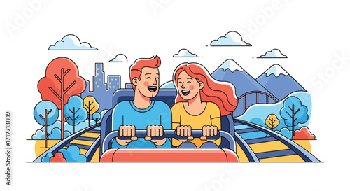 Flat style illustration of a couple riding a roller coaster in an amusement park with city skyline and mountains in the background, symbolizing fun, adventure, and leisure