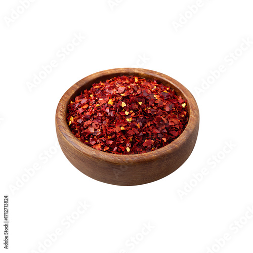Coarse red chili flakes in a wooden bowl isolated on a transparent background, in a PNG format
