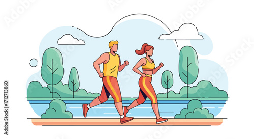 Flat style illustration of a couple jogging together in a park near a lake river, symbolizing fitness, healthy lifestyle, outdoor exercise, and active leisure in nature