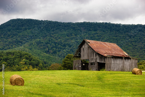 Agricultural landscape under cloudy skies in rural northeastern Tennessee, USA