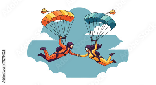 Flat style illustration of a couple skydiving with parachutes, holding hands in the sky, symbolizing adventure, extreme sports, freedom, teamwork, and exciting travel experiences