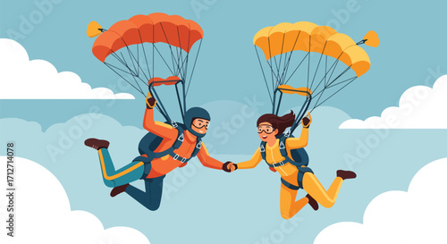 Flat style illustration of a couple skydiving with parachutes, holding hands in the sky, symbolizing adventure, extreme sports, freedom, teamwork, and exciting travel experiences