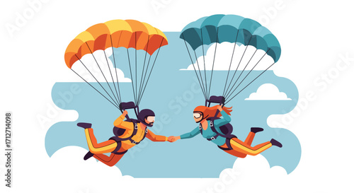 Flat style illustration of a couple skydiving with parachutes, holding hands in the sky, symbolizing adventure, extreme sports, freedom, teamwork, and exciting travel experiences
