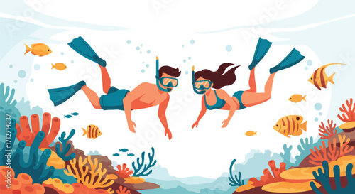 Flat style illustration of a couple snorkeling underwater among coral reefs and tropical fish, representing vacation, marine adventure, and summer leisure in a beautiful ocean environment