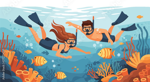 Flat style illustration of a couple snorkeling underwater among coral reefs and tropical fish, representing vacation, marine adventure, and summer leisure in a beautiful ocean environment
