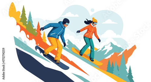 Flat style illustration of a couple snowboarding down a mountain slope, enjoying winter sports, adventure, and outdoor fun in a scenic snowy landscape with pine trees and peaks