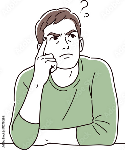 Man with furrowed brow thinking deeply with question marks above head thinking man contemplation