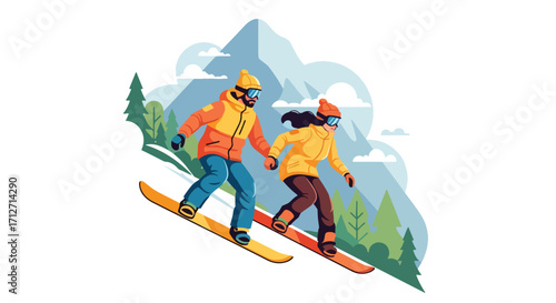 Flat style illustration of a couple snowboarding down a mountain slope, enjoying winter sports, adventure, and outdoor fun in a scenic snowy landscape with pine trees and peaks
