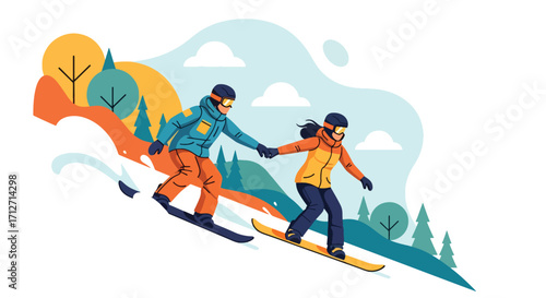 Flat style illustration of a couple snowboarding down a mountain slope, enjoying winter sports, adventure, and outdoor fun in a scenic snowy landscape with pine trees and peaks