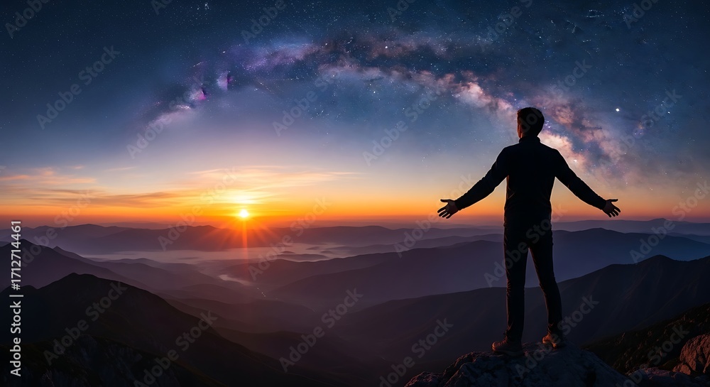 Obraz premium Silhouette of a man with open arms under a starry sky.