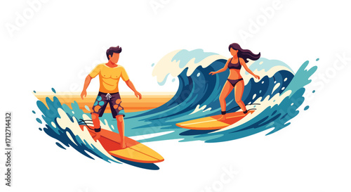 Flat style illustration of a couple man and woman surfing ocean waves on surfboards, representing summer adventure, active lifestyle, vacation fun, and outdoor water sports for travel and leisure