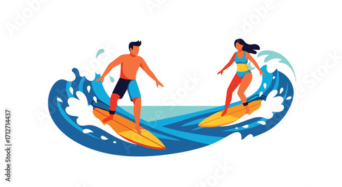 Flat style illustration of a couple man and woman surfing ocean waves on surfboards, representing summer adventure, active lifestyle, vacation fun, and outdoor water sports for travel and leisure