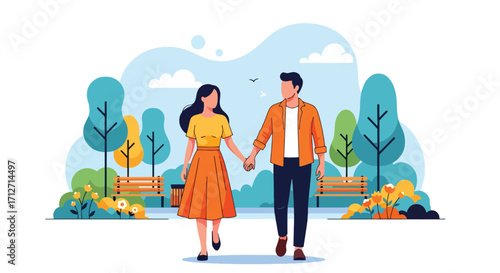 Flat style illustration of a young couple holding hands while walking in a park with trees, benches, and flowers, representing love, leisure, and togetherness in a peaceful outdoor setting