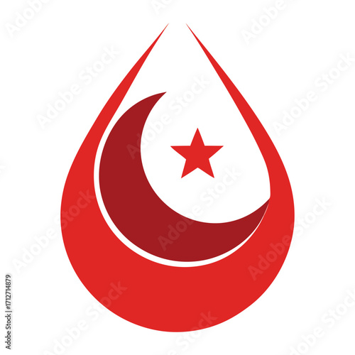 Red crescent and star symbol inside a blood drop shape representing humanitarian aid and medical services with a white background