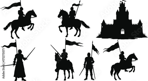 Medieval knight silhouettes set featuring warriors on horseback with flags, swords, and a castle in vintage black vector illustration style for historical designs