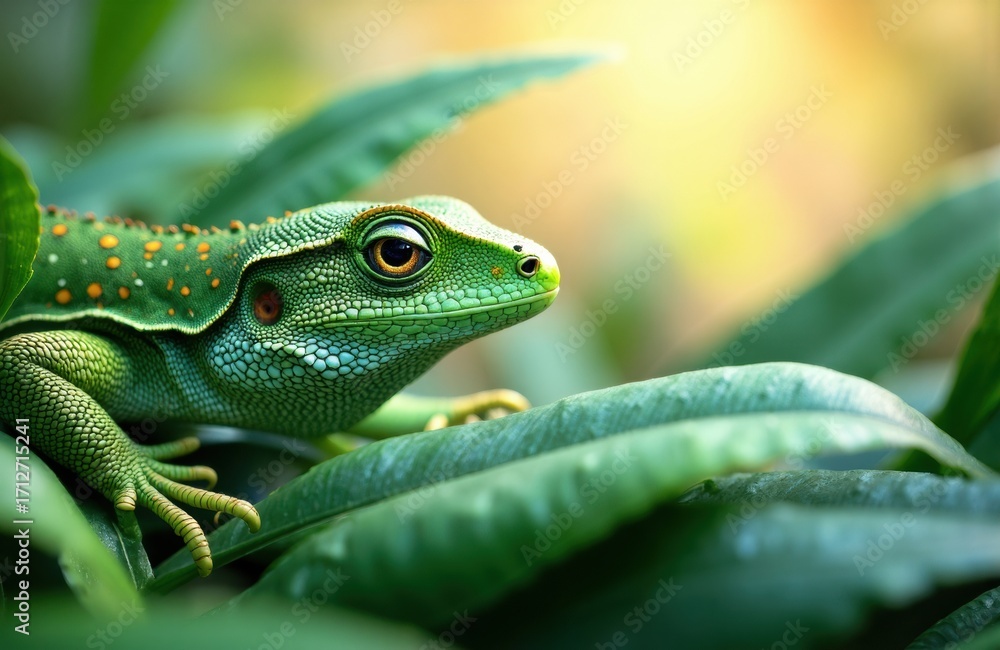 Fototapeta premium Green lizard resting on lush green leaves in natural sunlight