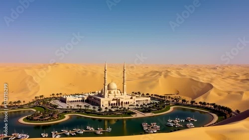 Desert Mosque with Beautiful Oasis, Luxury Travel, Abu Dhabi, and Middle East.