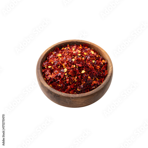 Coarse red chili flakes in a wooden bowl isolated on a transparent background, in a PNG format