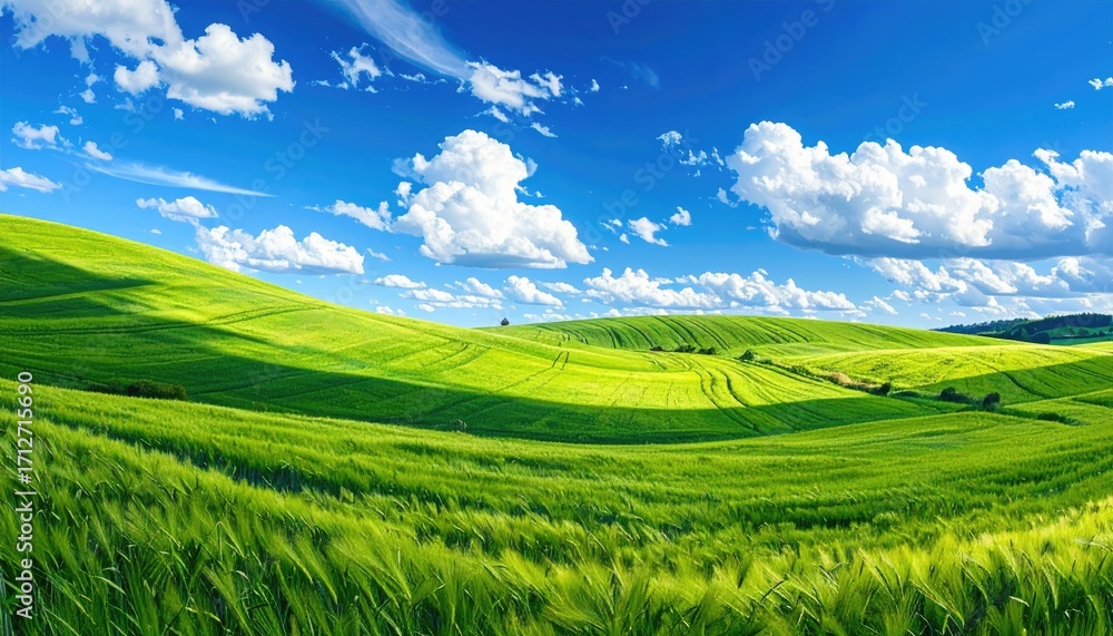 Fototapeta premium Rolling Green Hills Under a Bright Blue Sky with White Clouds Natural Landscape Scenery Serene Outdoors Summer Day Beautiful Peaceful Meadow