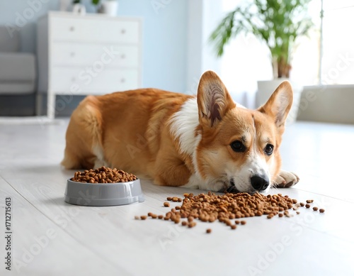 Sad dog lying on floor with spilled food bowl