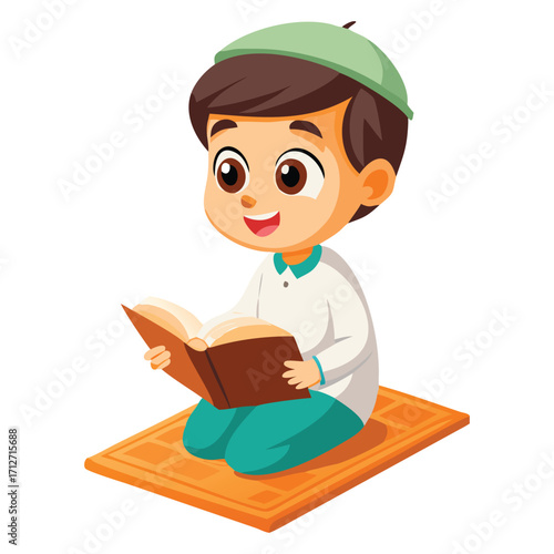Adorable young muslim boy wearing traditional clothing and a green cap enthusiastically reads from an open book on a prayer mat