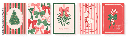 A charming collection of vintage Christmas cards featuring hand-drawn illustrations of a festive goose, bows, a Christmas tree, and mistletoe. Created in a retro style with a grainy texture