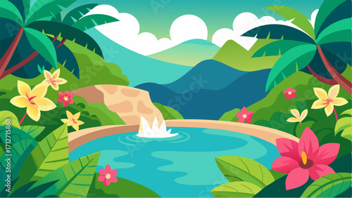 A hidden paradise a secluded lagoon surrounded by vibrant bougainvillea and frangipani blooms.