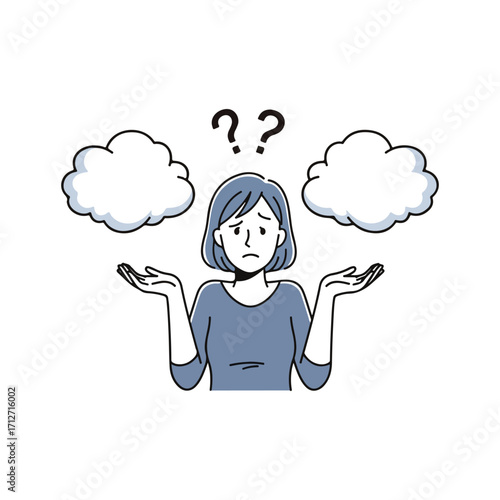Woman Looking Confused with Question Marks and Clouds questioning doubt