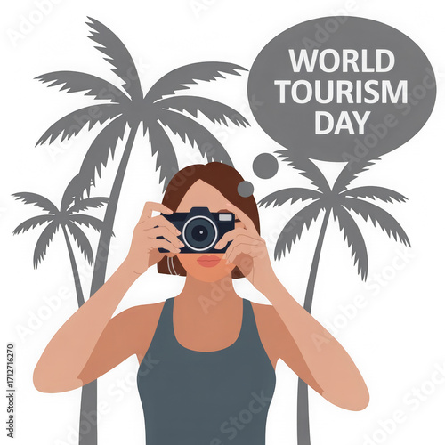 Young woman tourist taking a photo of palm trees celebrating World Tourism Day and the joy of travel