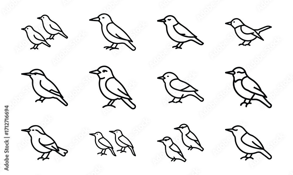 Naklejka premium Collection of Bird Silhouettes in Line Art Style – Flying Birds, Pairs of Birds, Flocks, and Individual Bird Icons on White Background