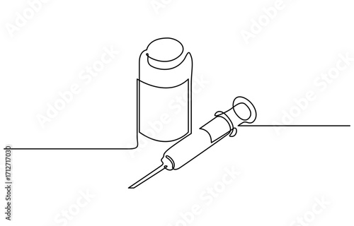 Continuous one line drawing of Syringe and bottle medical equiptment vector illustration. Editable outline
