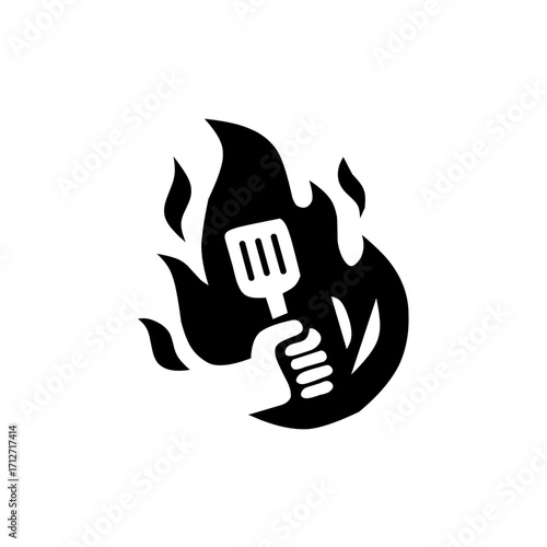 A black and white icon of a hand holding a spatula surrounded by fire, representing a passion for cooking, grilling, and culinary skills.