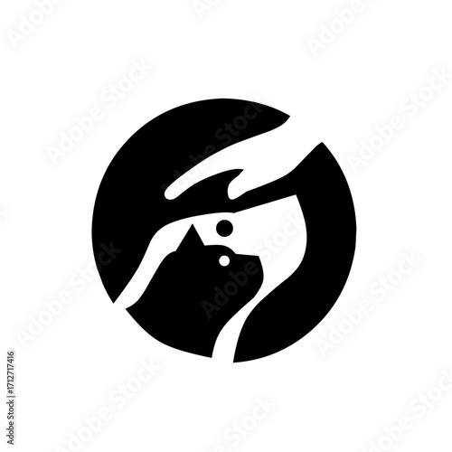 A striking monochrome logo showing a hand gently petting a cat's head. This compassionate, minimalist design is ideal for branding related to pet care, animal welfare, or veterinary services.