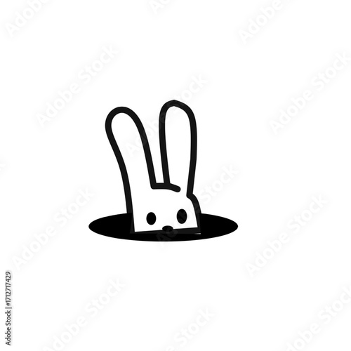 A cute monochrome image of a rabbit peeking out of its hole. This charming, minimalist design is perfect for logos or branding related to pets, nature, or playful themes.