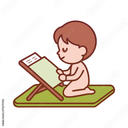 Adorable cartoon illustration of a young child kneeling on a prayer mat reading from a holy book on a wooden stand