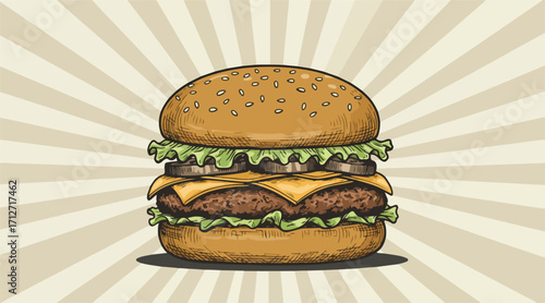 Burger retro vintage with meat patty, lettuce, cheese, onion, tomato, and bun. Pop art style food advertisement on sunburst background. Vector illustration