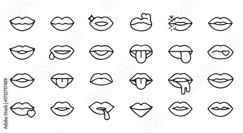 Collection of black and white lip icons with various expressions