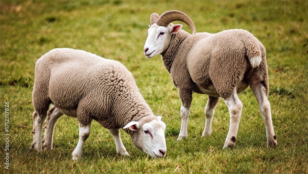 Obraz premium Young Lamb Grazing Beside Horned Ewe in Green Field Pastoral Farm Scene Rustic Agriculture Background