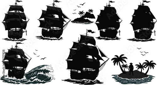 Vintage Pirate Ships and Tropical Islands Silhouette Vector Set with Ocean Waves, Birds, and Seafarer – Maritime Adventure Illustration
