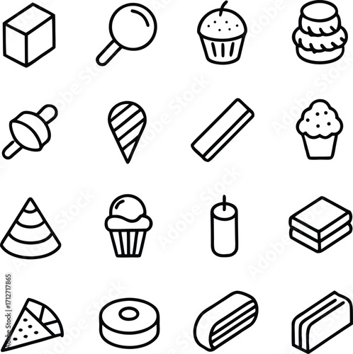 Isometric line art icons of food objects and geometric shapes vector