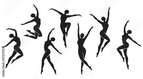Dynamic black silhouettes of ballet dancers in mid-air leaps