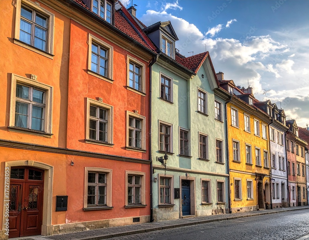 Fototapeta premium Row of Colorful Buildings with Orange Teal and Yellow Facades Under Bright Sky in Europe Classic Urban Architecture Warm Lighting,Cobblestone Street