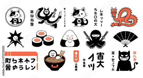Japanese Kawaii Style Illustrations with Dragons and Cats