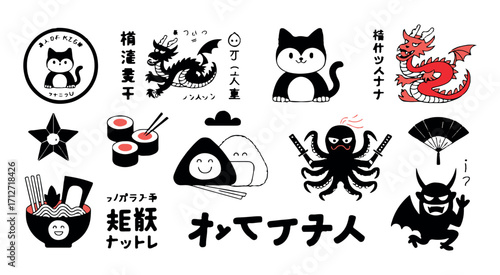 Japanese Kawaii Style Illustrations with Dragons and Cats