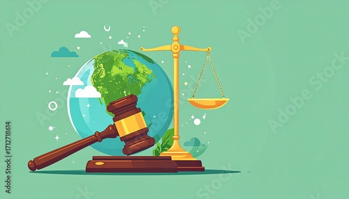 Digital illustration shows a globe, scales of justice, and gavel, representing environmental law and global justice