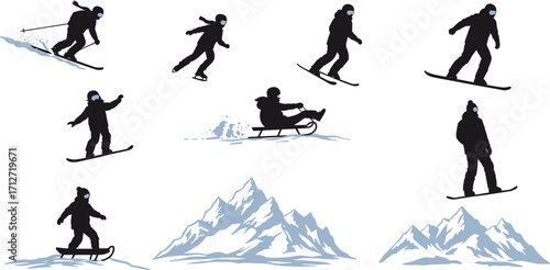 Winter sports silhouettes showing skiing, snowboarding, sledding, and mountain scenery with snow-covered peaks, active outdoor fun, and winter adventure activities