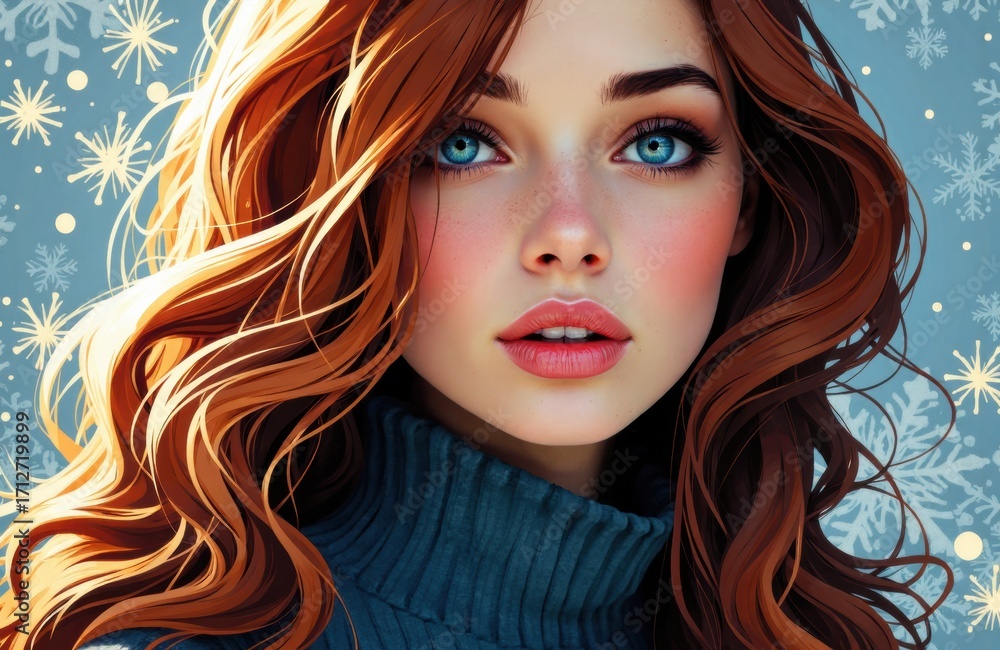 Obraz premium Woman with red hair and blue eyes wearing a dark turtleneck sweater against a winter snowflake background