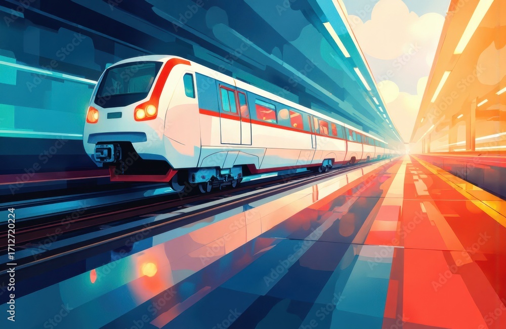 Naklejka premium A modern train speeds through a vibrant cityscape with dynamic motion and colorful reflections