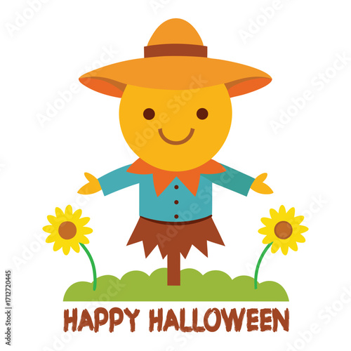 Happy Halloween Scarecrow with Straw Hat Cartoon Vector Illustration